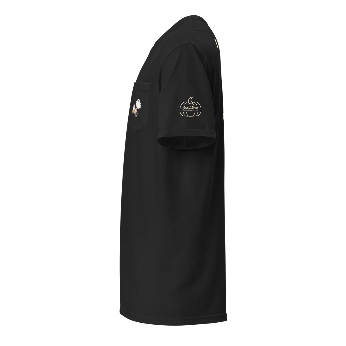 Left sleeve of the black Ophelia pocket tee with the ivory Coast Trash pumpkin and crescent outline logo.