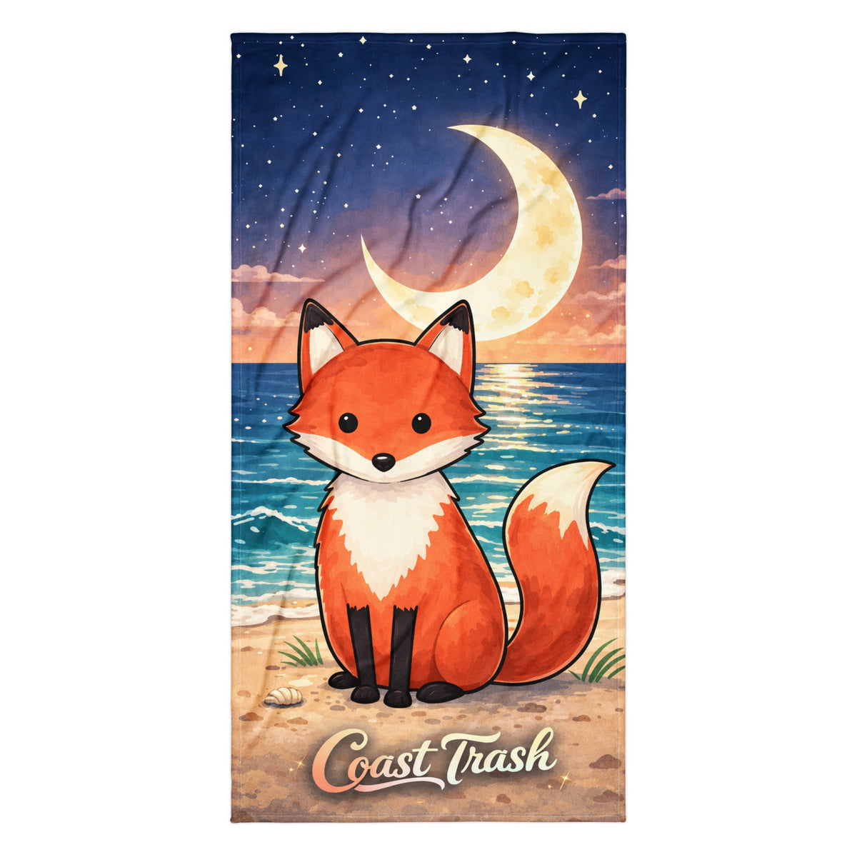 Josephine fox beach towel with crescent moon, coastal sunset and Coast Trash script