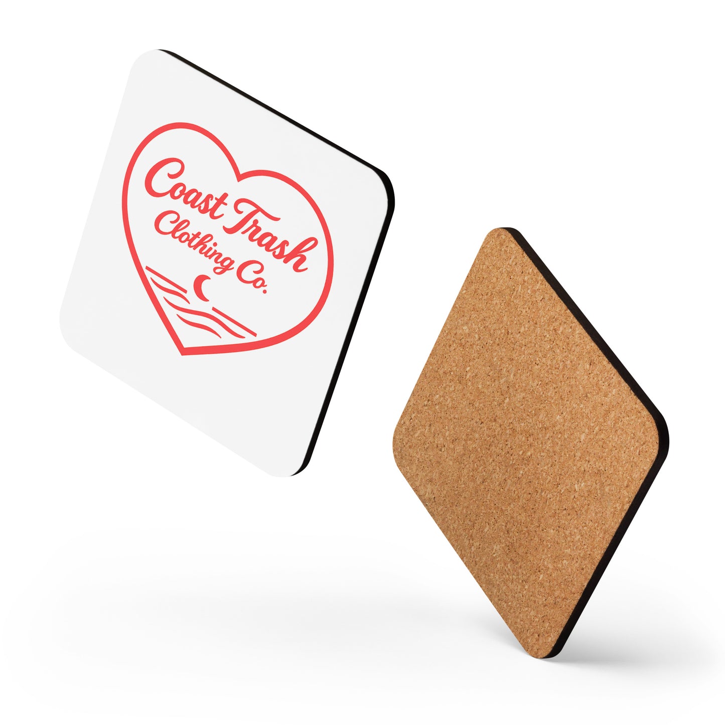Valentine heart Coast Trash Clothing Co. cork-back coaster with crescent moon and waves.