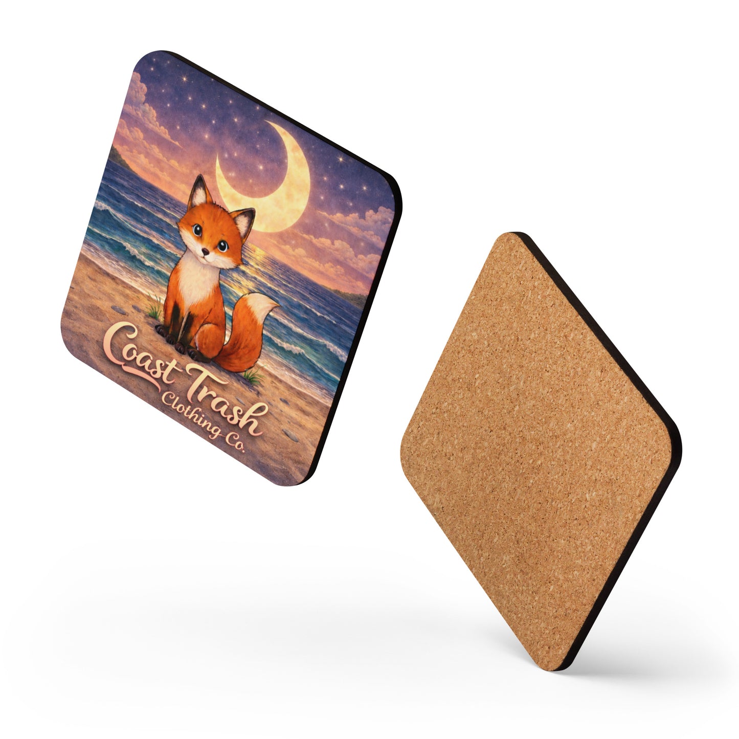 Josephine cork-back coaster with a moonlit Coast scene and Coast Trash Clothing Co. lettering