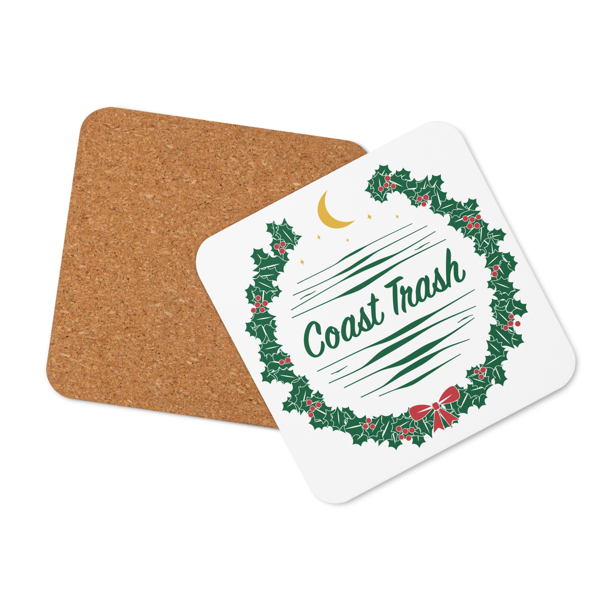 Front and cork-back views of A Festive Contribution Coaster, featuring a green Coast Trash holly wreath, gold crescent, red berries and a small centered bow.