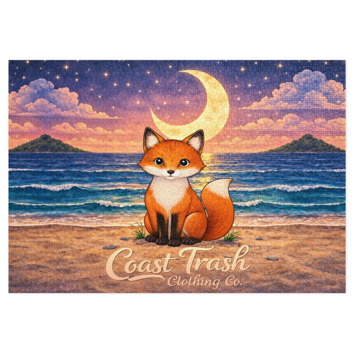 Josephine 2000-piece jigsaw puzzle with coastal moonrise, fox and Coast Trash Clothing Co. lettering