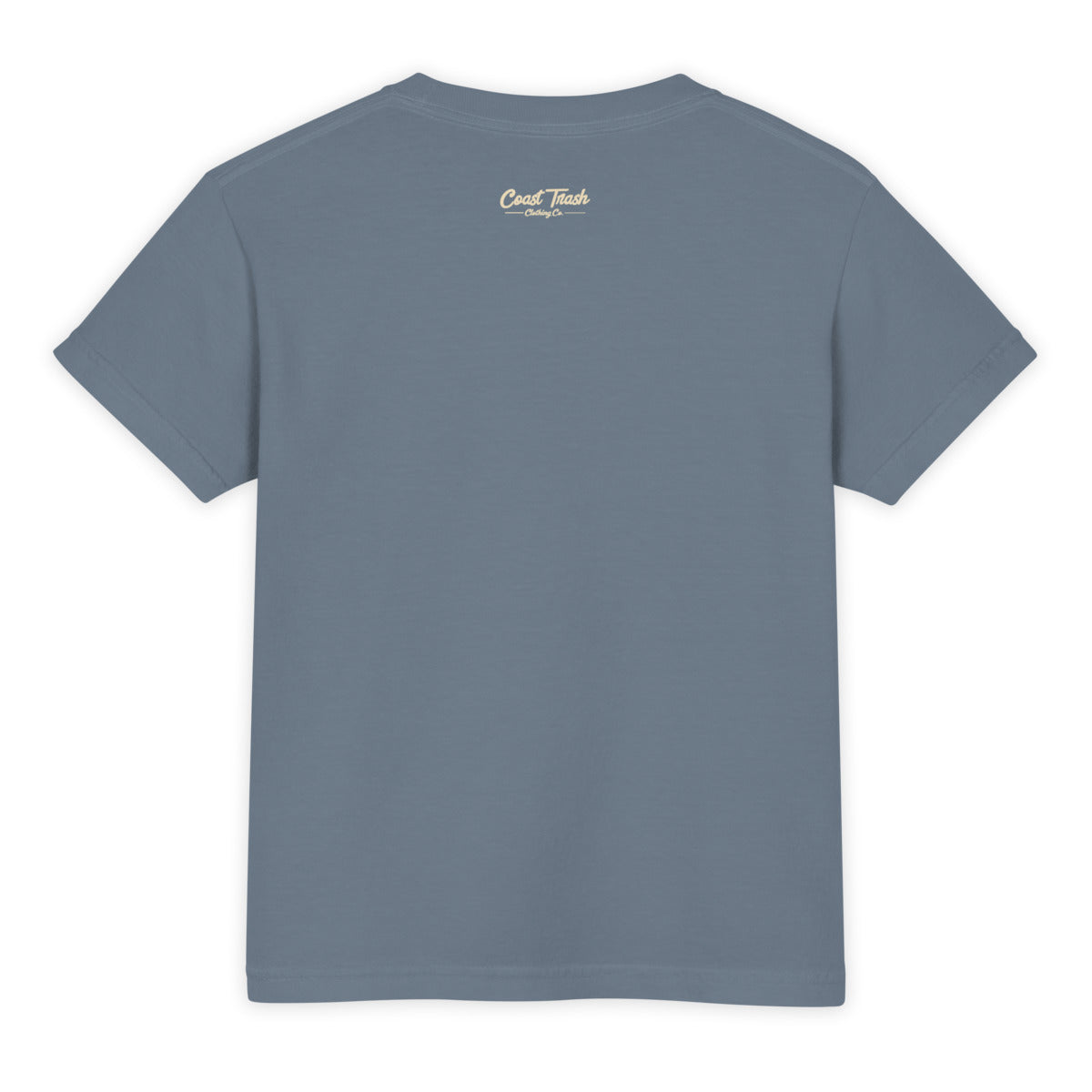 Back of the Blue Jean Ody youth tee with a cream Coast Trash Clothing Co. script wordmark below the neckline