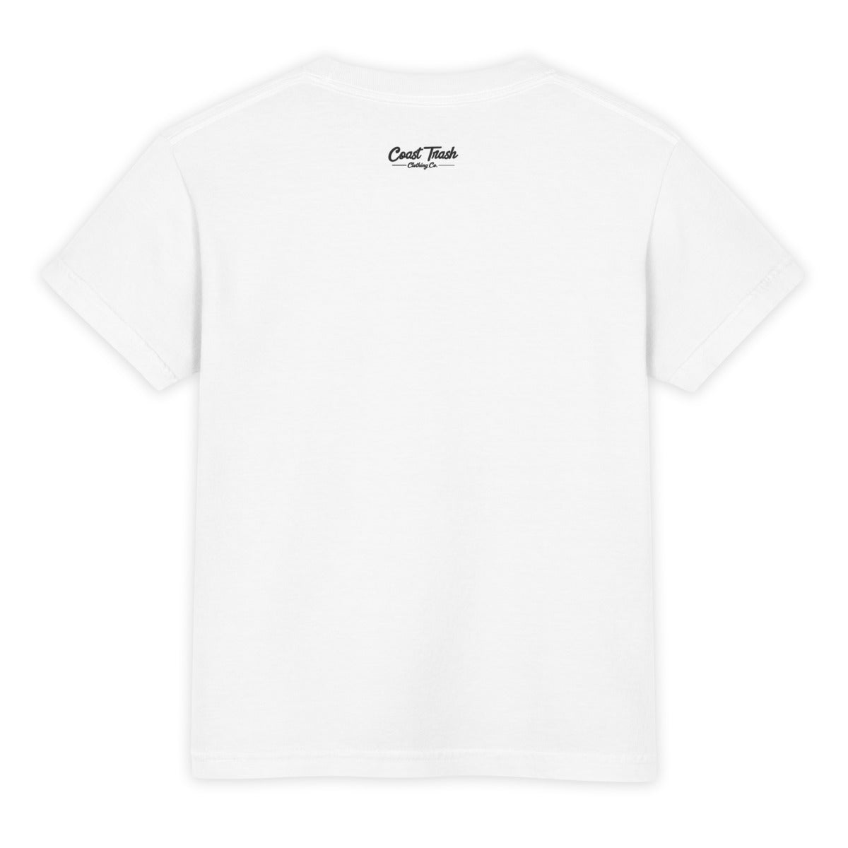 Back of the White Ody youth tee with a charcoal Coast Trash Clothing Co. script wordmark below the neckline
