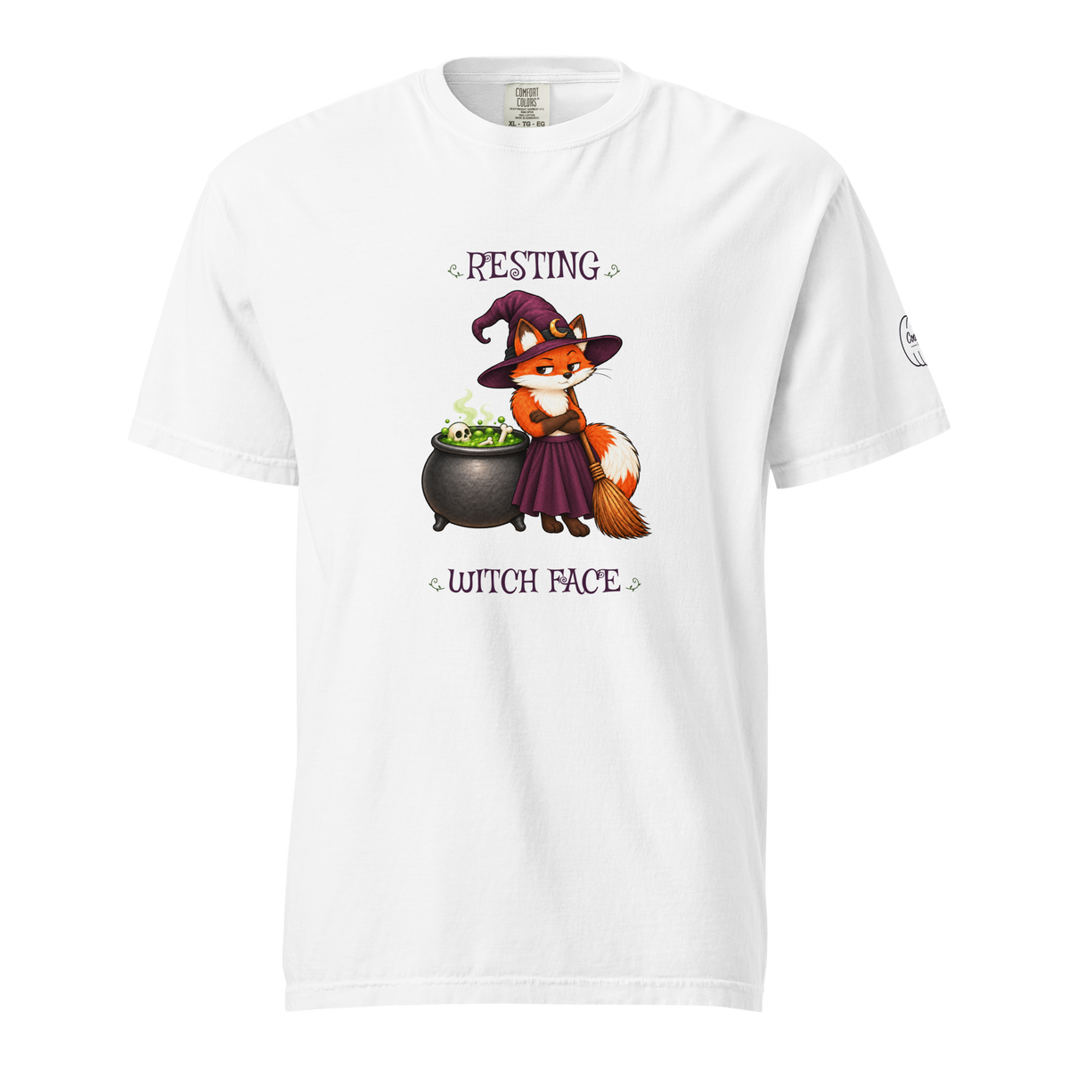 Air-filled front view of Josephine’s Resting Witch Face tee in White, with plum lettering and a small pumpkin on the left sleeve.