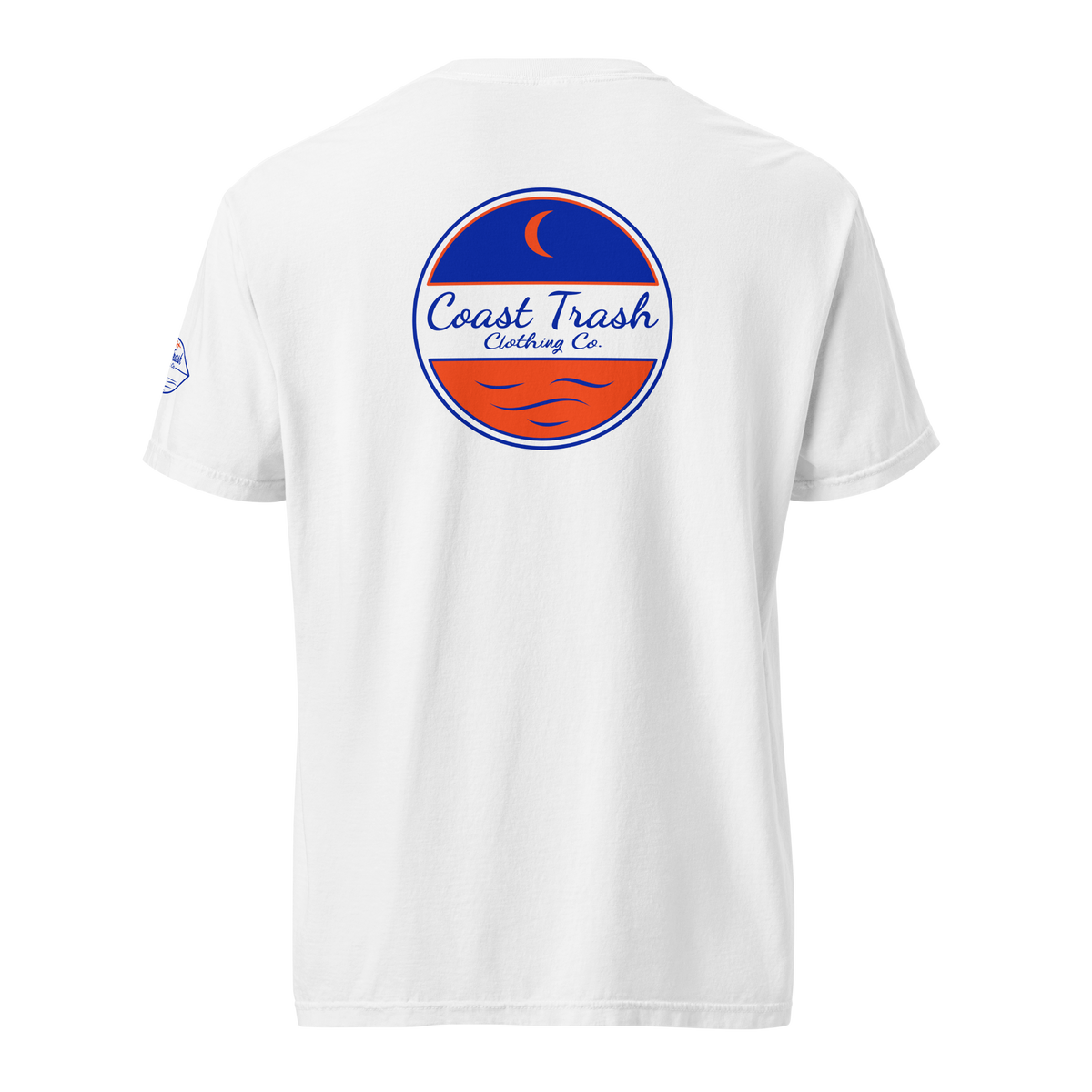 Back of the white Making Gaines Saturday Tide Tee with the blue and orange Coast Trash roundel