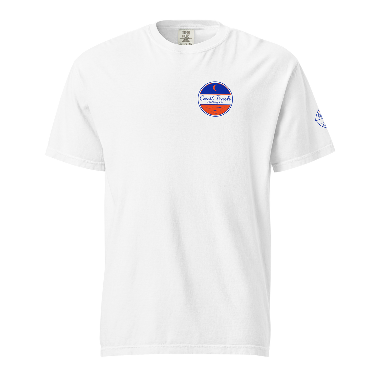 Front of the white Making Gaines Saturday Tide Tee with a small blue and orange Coast Trash chest logo