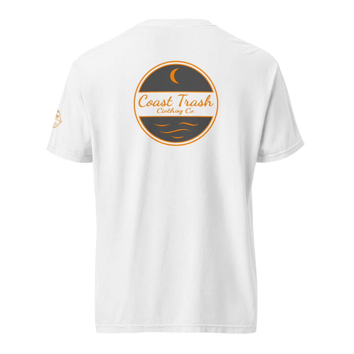 Back of the white Smokey Mountain Saturday Tee with gray sky and water, orange moon, waves, lettering and rings