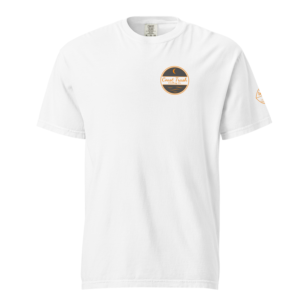 Front of the white Smokey Mountain Saturday Tee with a small Coast Trash chest logo in orange and gray