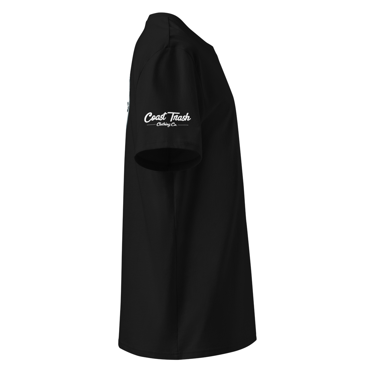 Black Organic Milo Tee, right view with restored badge lettering and smooth white sleeve script
