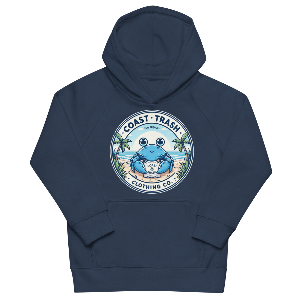 Front of the french navy Ody kids eco hoodie, shown without models.