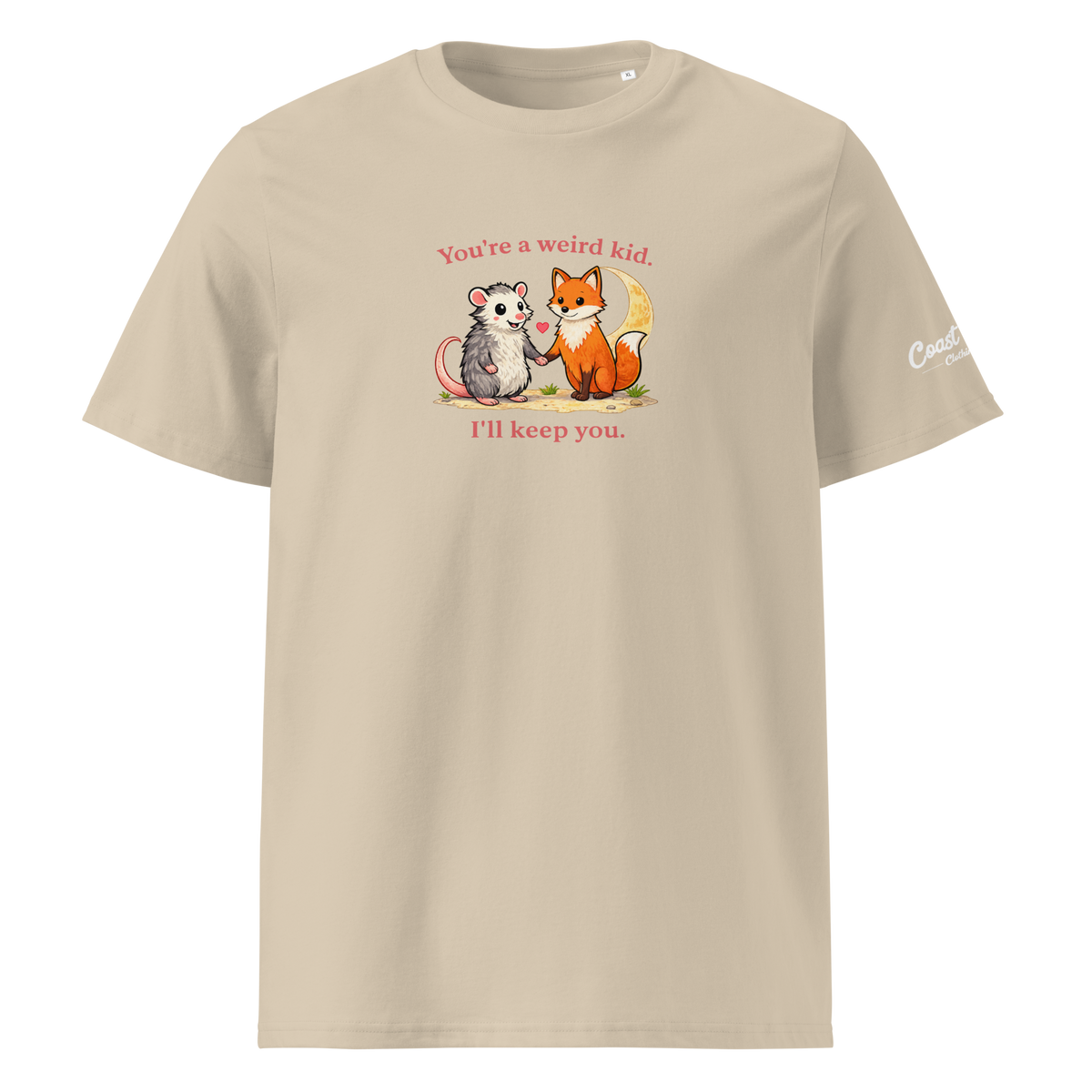 Front of the desert dust Weird Kid organic tee, shown as a filled product-only shirt.