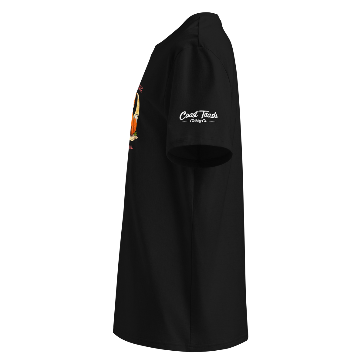 Left sleeve view of the black Weird Kid organic tee, shown as a filled product-only shirt.