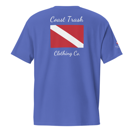 Another World Dive Pocket Tee in flo blue, back view.