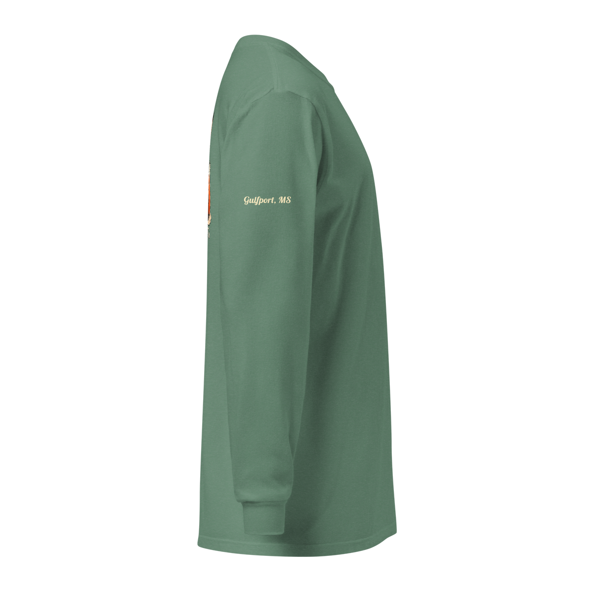 Josephine Gulfport Special Edition long-sleeve shirt, right sleeve with smooth cream Gulfport, MS lettering.