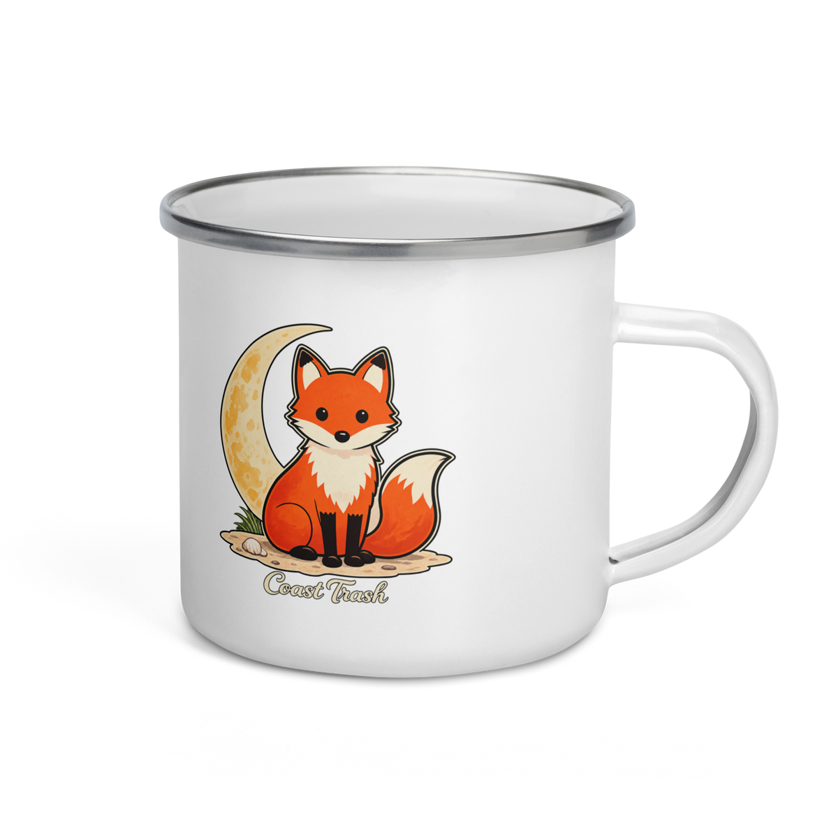 Cup of Josephine enamel mug, right side, fox with crescent moon and corrected Coast Trash lettering