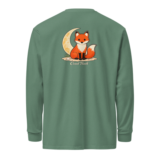 Josephine Gulfport Special Edition long-sleeve shirt, back view, fox and crescent moon art with corrected Coast Trash lettering