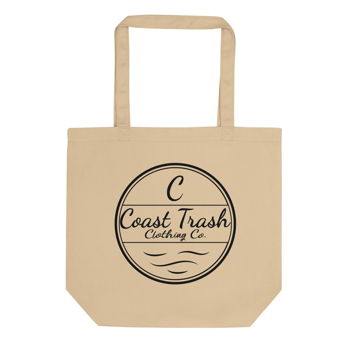 Beige organic cotton tote, front, with the black Coast Trash Clothing Co. Selene Tide logo on white.