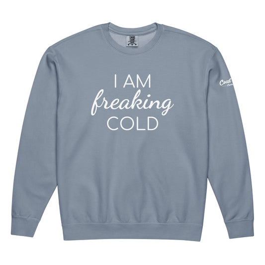 Coast Trash Cold One fleece crewneck in blue jean, front view.