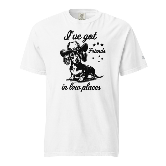 White Friends in Low Places Tee, dachshund and original script design on front