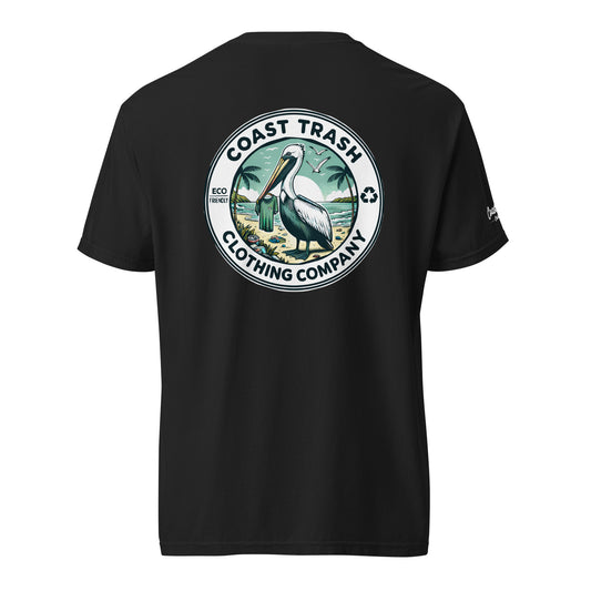 Black Milo Badge Tee, back view with restored badge lettering and smooth white sleeve script