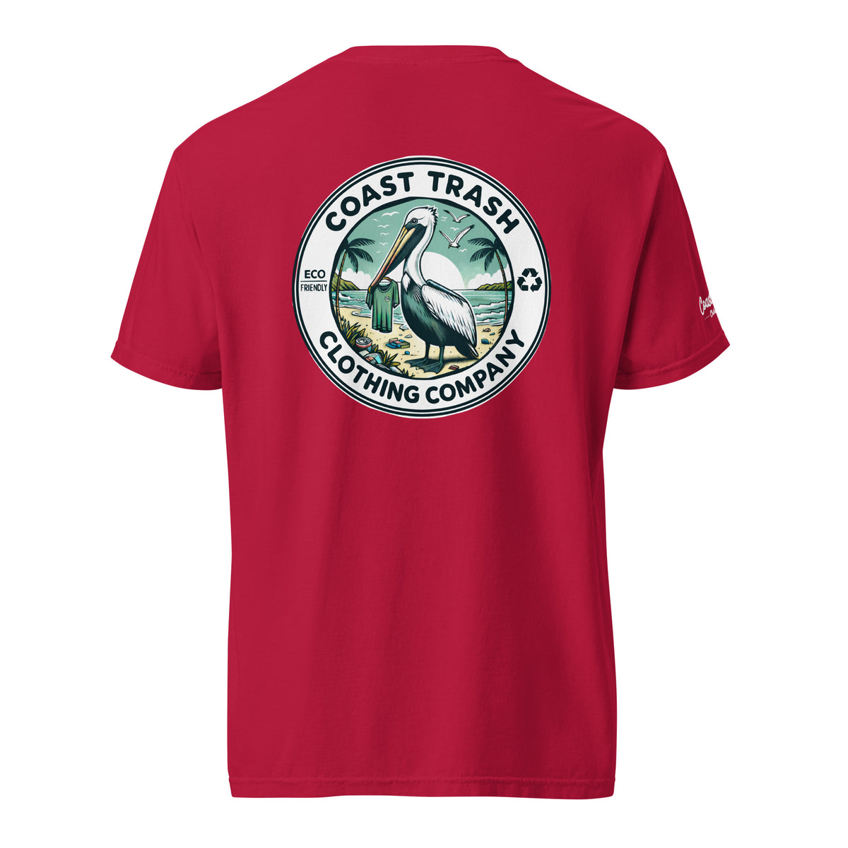 Red Milo Badge Tee, back view with restored badge lettering and smooth white sleeve script
