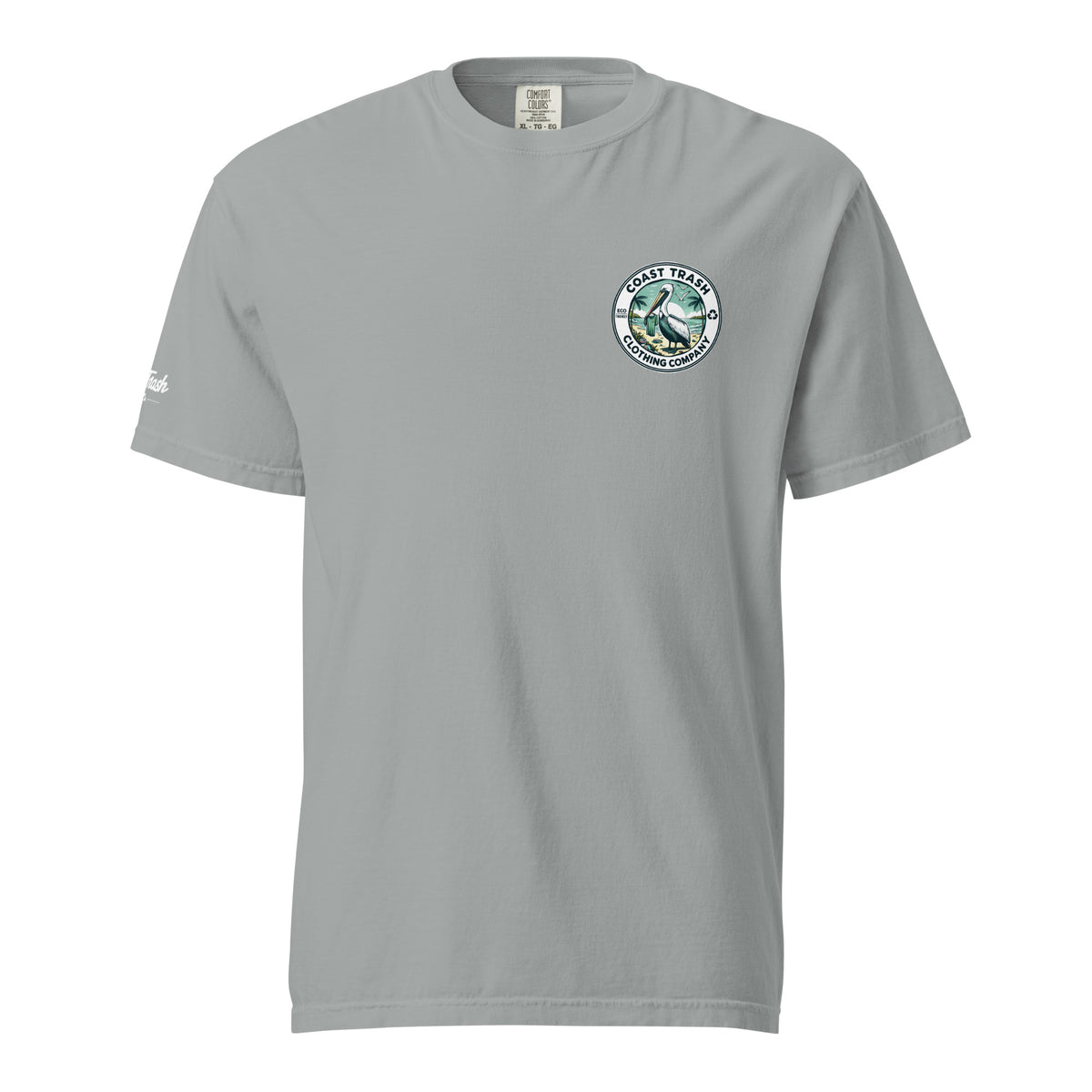 Granite Milo Badge Tee, front view with restored badge lettering and smooth white sleeve script