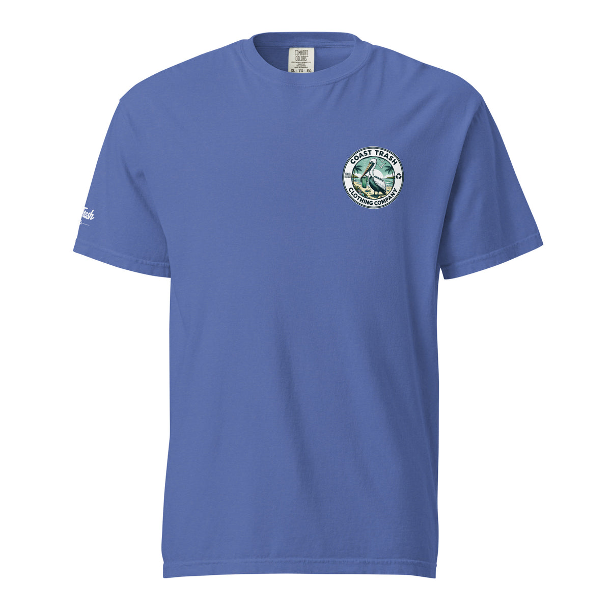 Mystic Blue Milo Badge Tee, front view with restored badge lettering and smooth white sleeve script