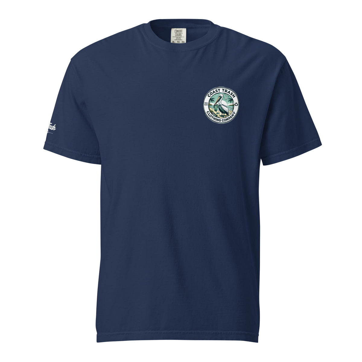 Navy Milo Badge Tee, front view with restored badge lettering and smooth white sleeve script