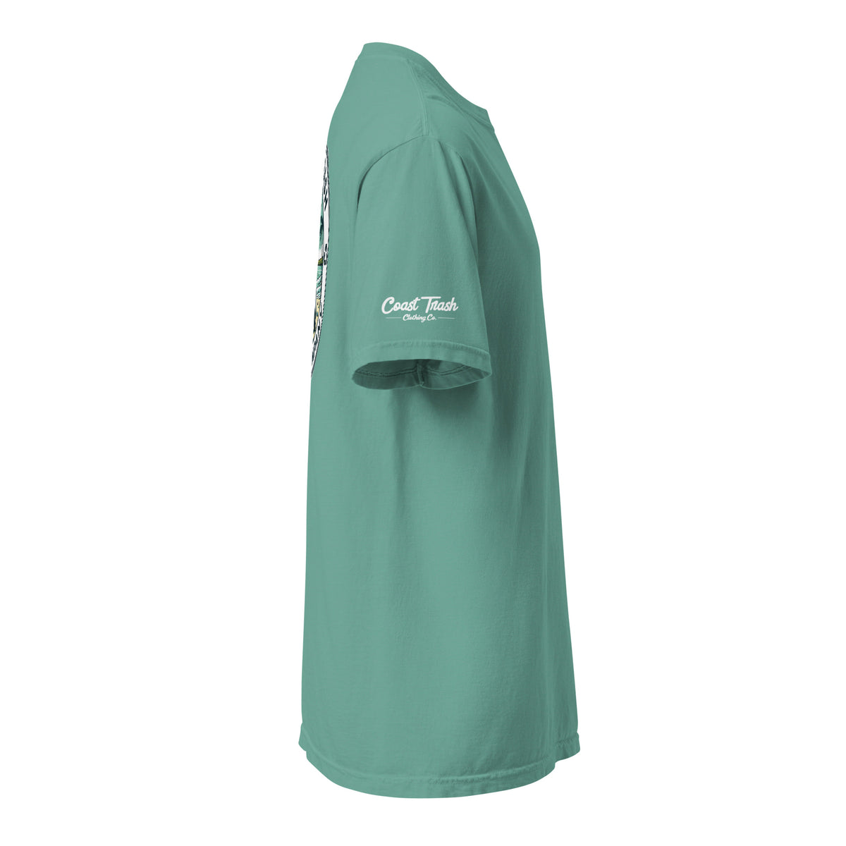 Seafoam Milo Badge Tee, right view with restored badge lettering and smooth white sleeve script