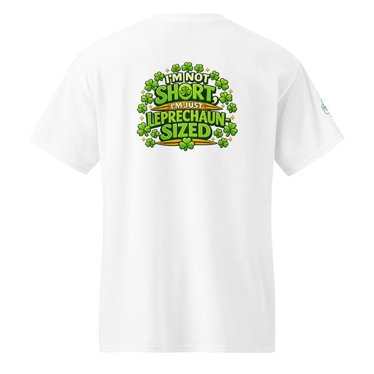White I’m Not Short St. Pat’s Tee, restored leprechaun lettering on back