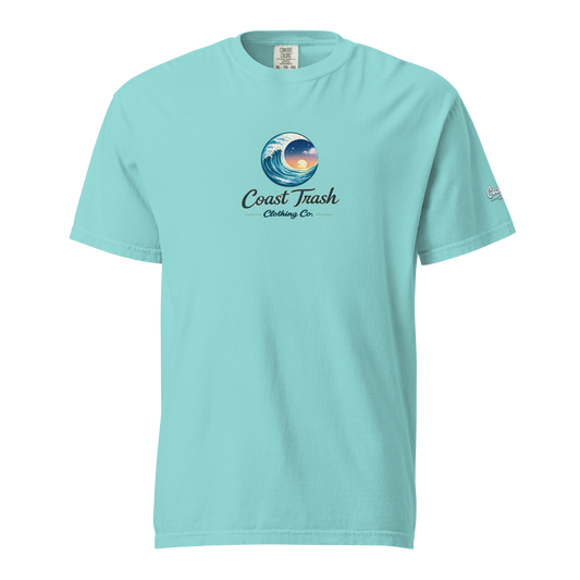 Lagoon Blue Starry Night Logo Tee, restored ocean-wave scene and Coast Trash Clothing Co. lettering on front