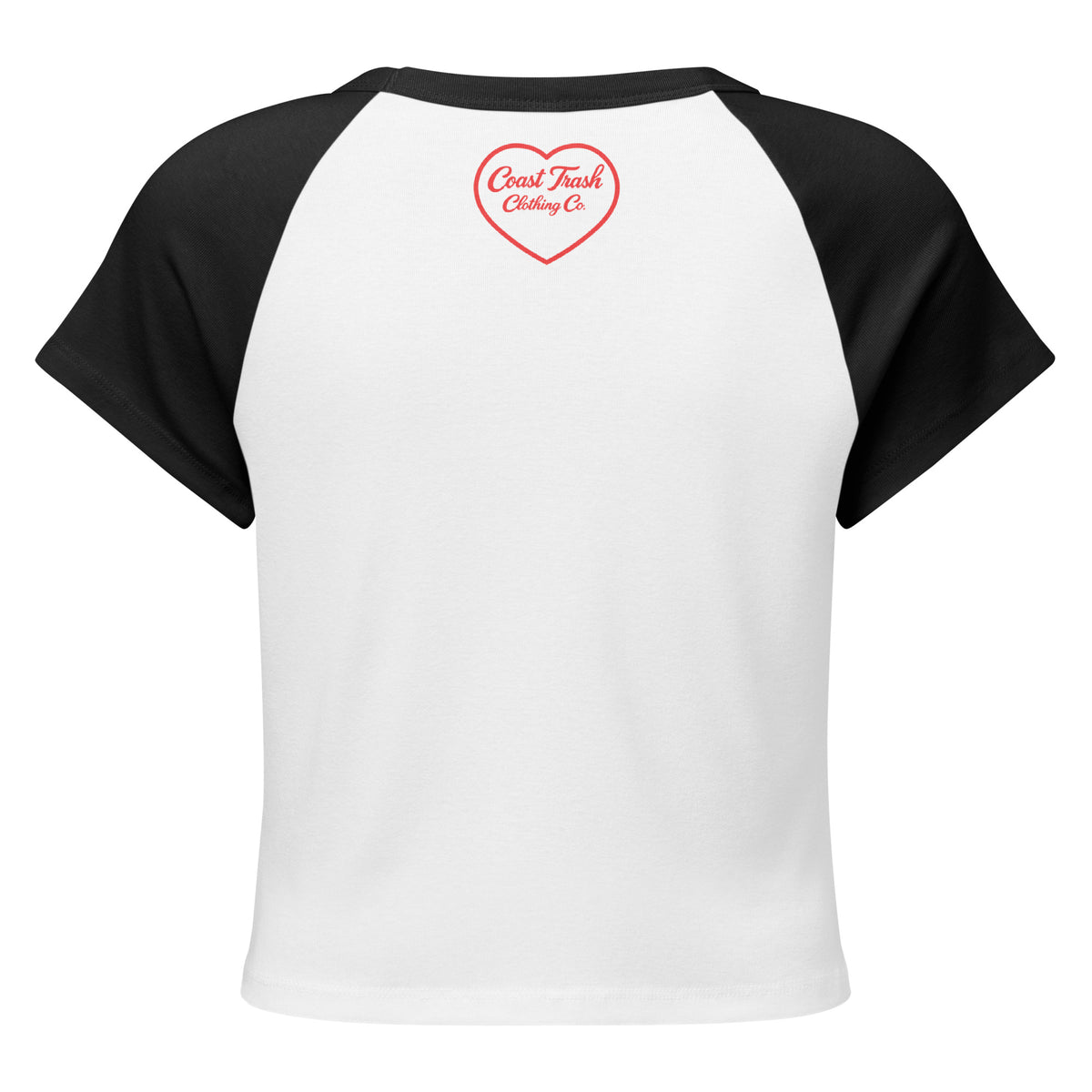 Coast Trash Sweetheart Raglan in white and black, small heart and script at the back neckline