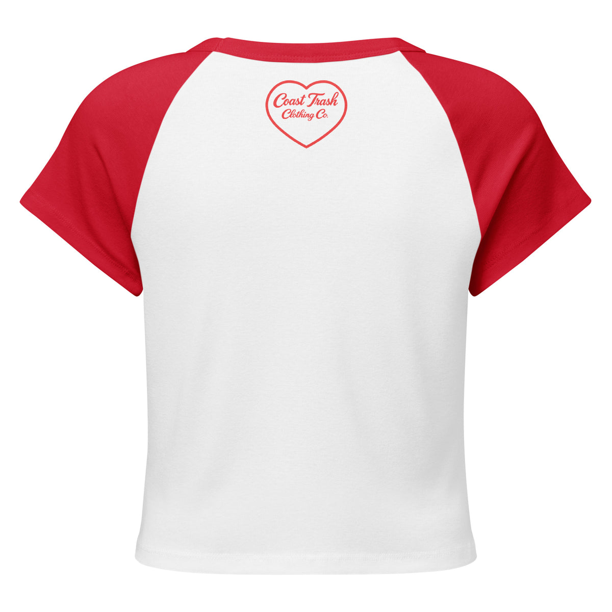 Coast Trash Sweetheart Raglan in white and red, small heart and script at the back neckline