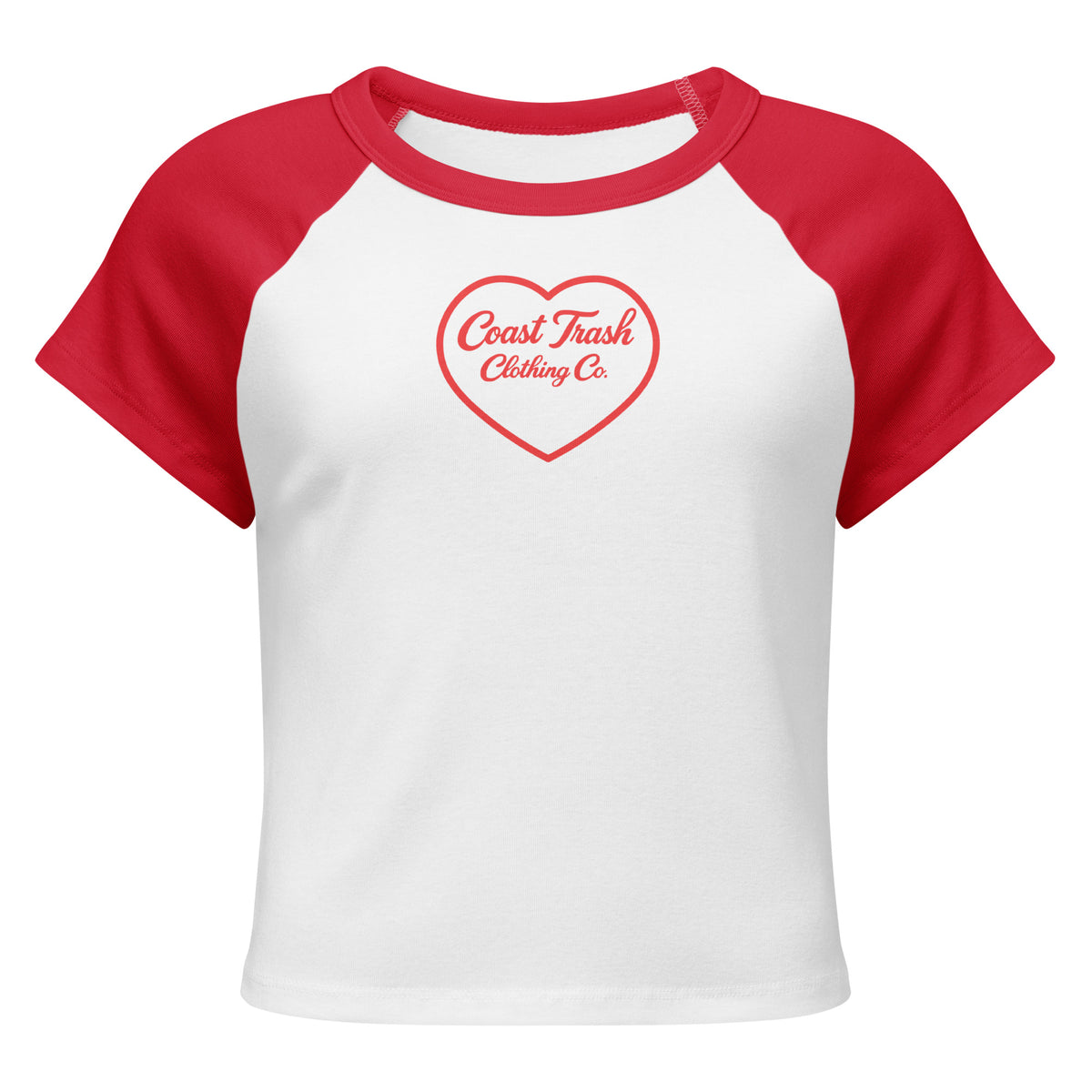Coast Trash Sweetheart Raglan in white and red, front heart and script design