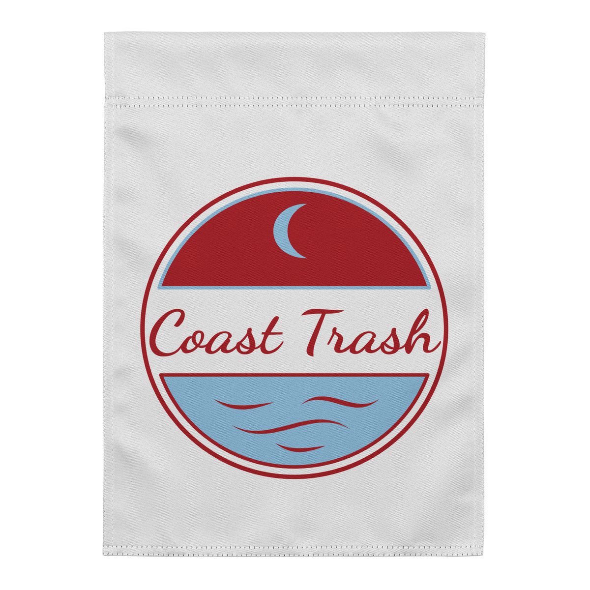 Selene Tide Gameday Garden Flag, Red & Powder Blue, front view. White flag with Coast Trash script, crescent moon and waves.