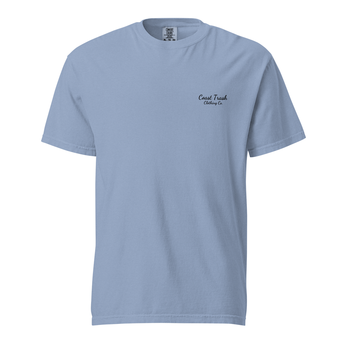 A Little Help Tee, Washed Denim, front view with artwork at the wearer's left chest pocket position