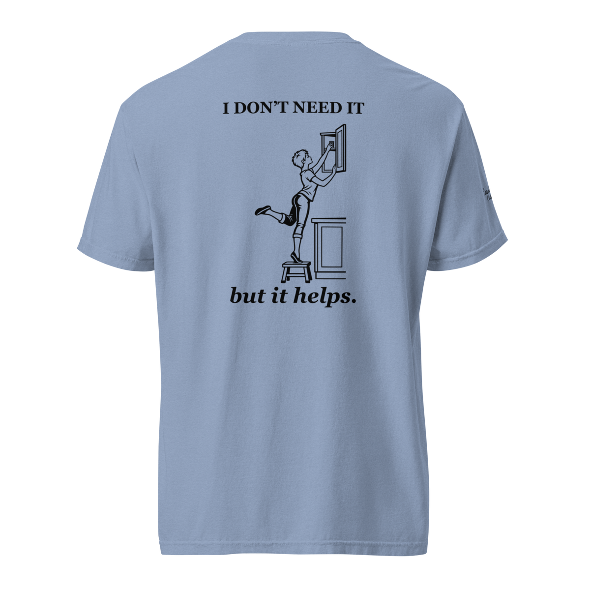 A Little Help Tee in Washed Denim, back view.