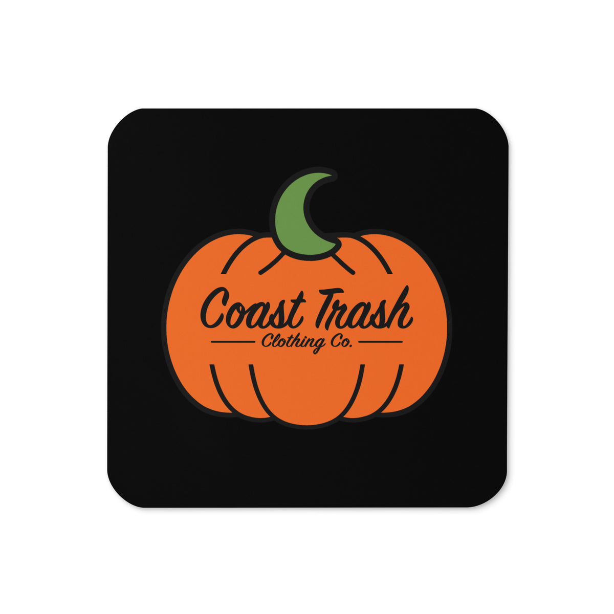 Black Coast Trash Halloween pumpkin cork-back coaster with orange and green artwork