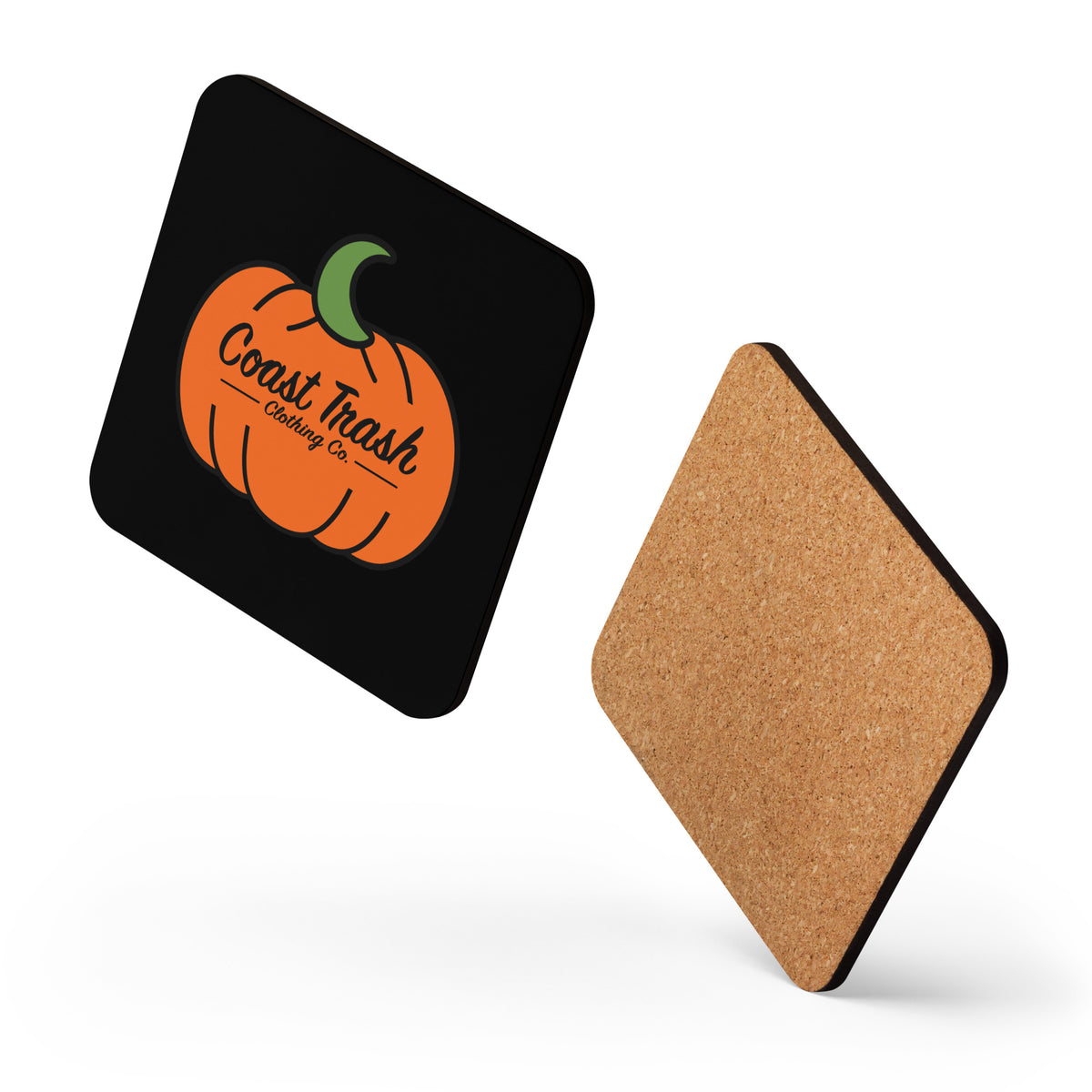 Front and cork-back views of the Coast Trash Halloween Trick-or-Treat Coaster