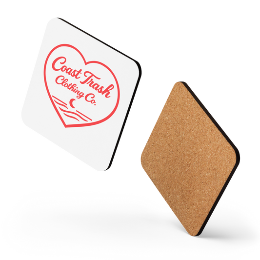 Valentine's Cork-Back Coaster with red heart, crescent and waves, showing the printed front and cork backing.
