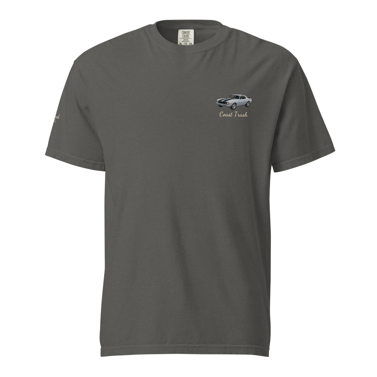 Cruisin’ After Dark Tee in Pepper, front view with small silver Camaro and Coast Trash script on the left chest