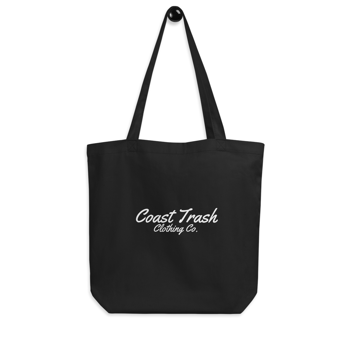Reverse of The Boo Crew black organic cotton tote with white Coast Trash Clothing Co. script centered on the bag.