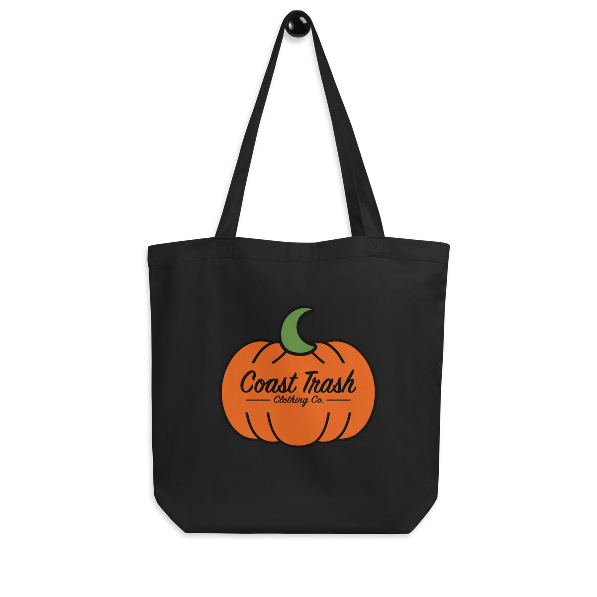 Reverse of the black Just One More House Eco Tote with matching orange Coast Trash pumpkin and green crescent artwork.