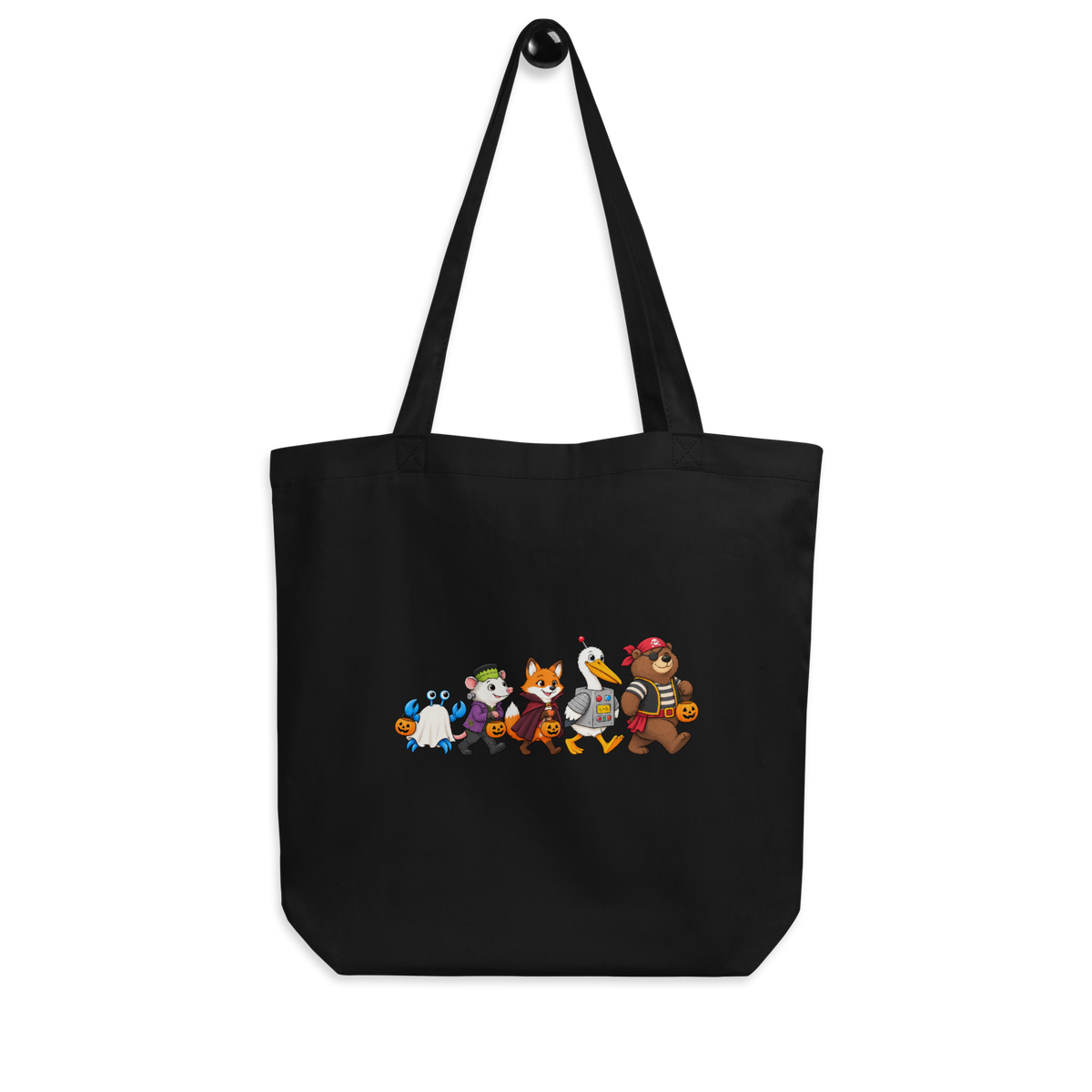 Front of The Boo Crew black organic cotton tote with Ody, Ophelia, Josephine, Milo, and Poe walking in Halloween costumes.