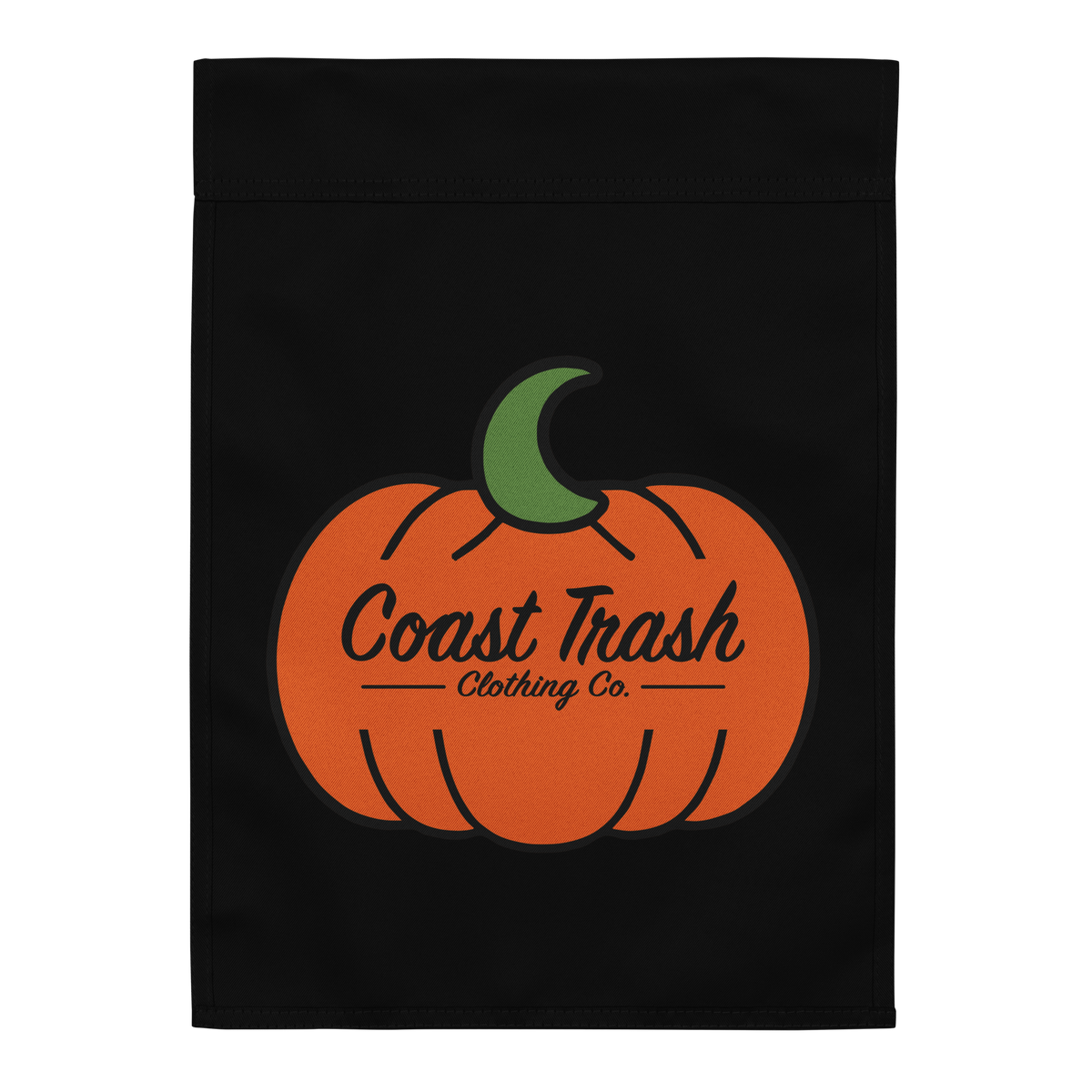 Back view of double-sided Coast Trash Halloween garden flag with pumpkin and crescent on black