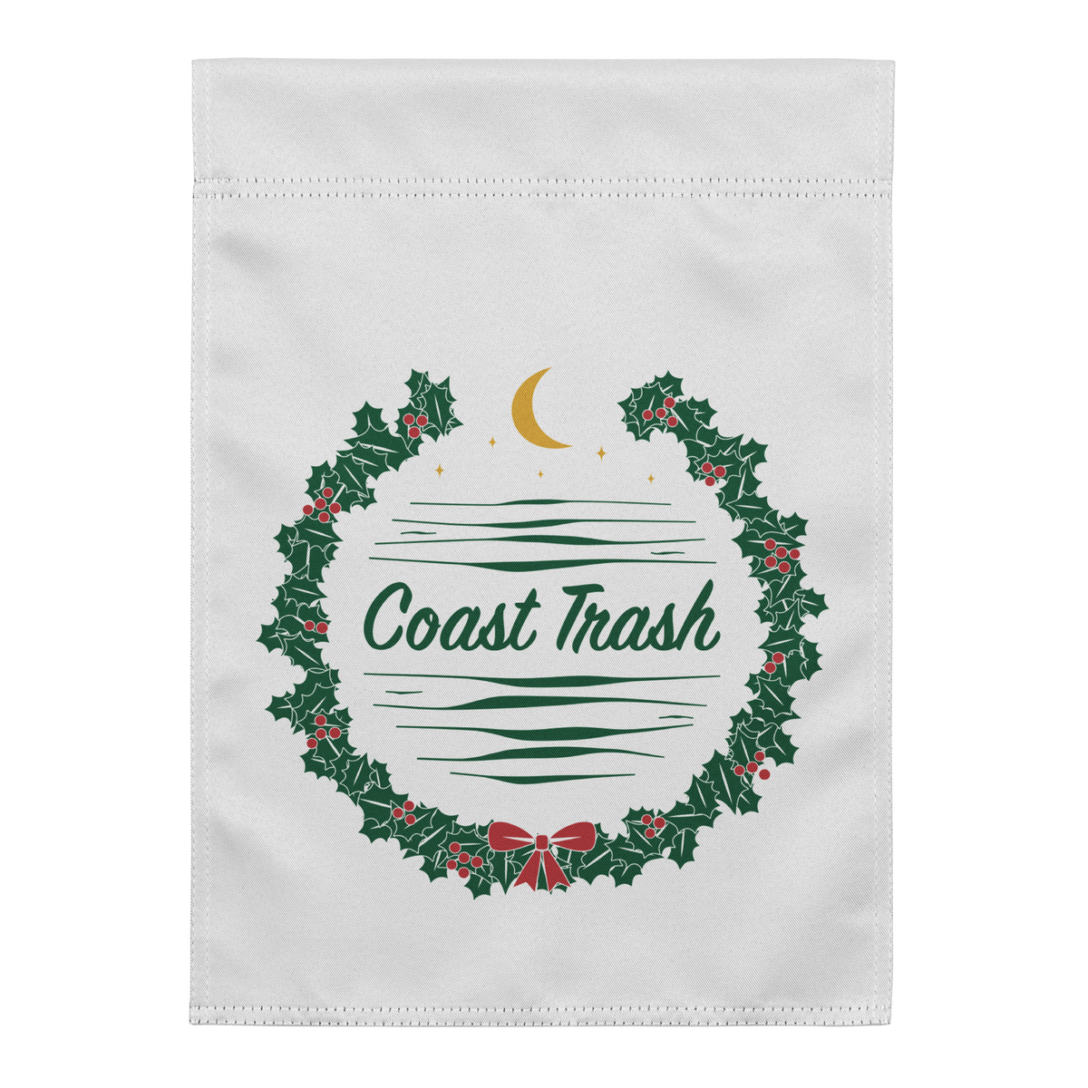 A Festive Contribution Garden Flag, front view. Original round holly wreath with single-line Coast Trash script, red berries and a small bow, gold crescent, stars, and coastal waves.