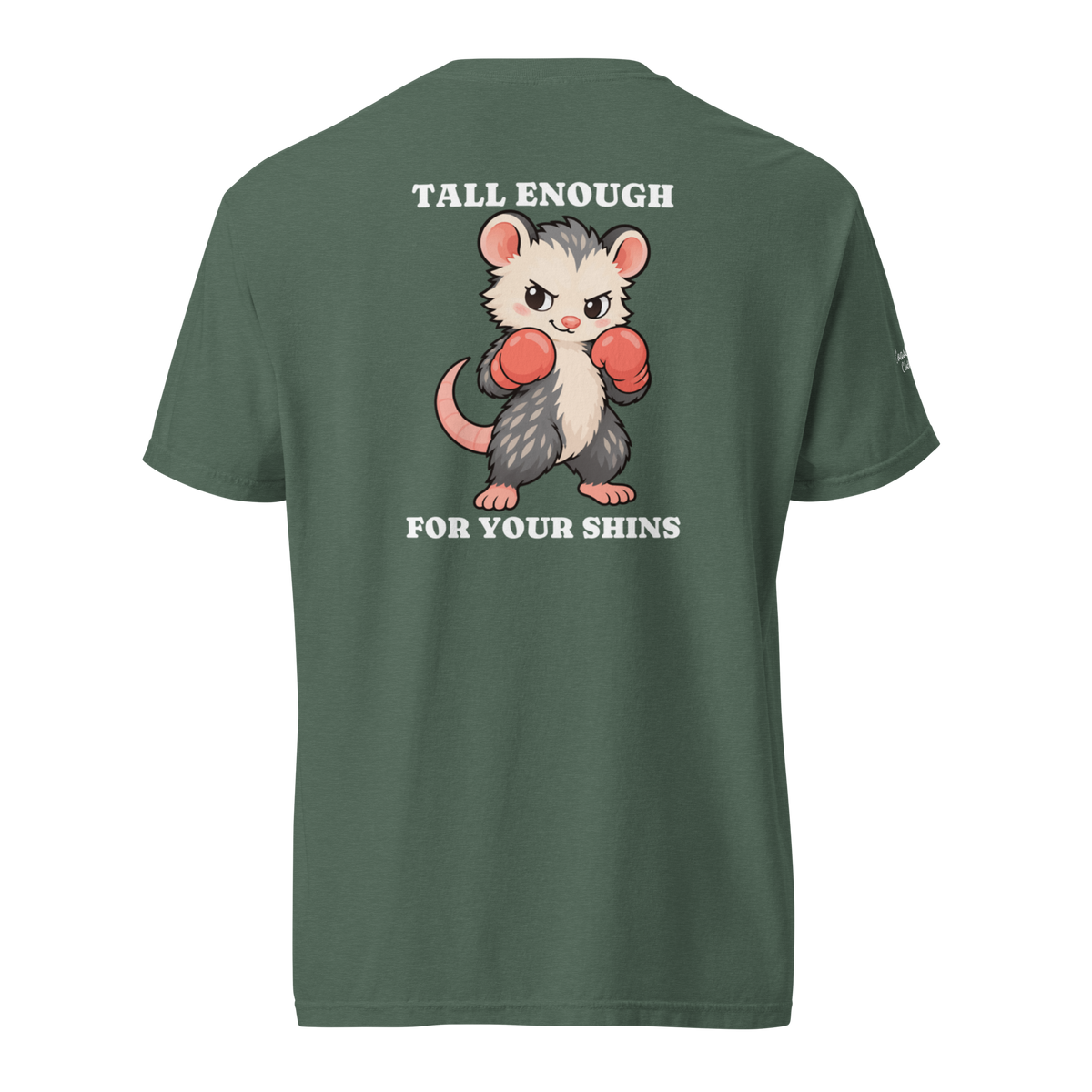 Tall Enough Tee in Blue Spruce, back view with Ophelia boxing artwork and Coast Trash branding.
