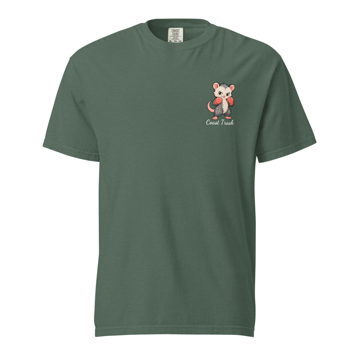Tall Enough Tee, Blue Spruce, front view with artwork at the wearer's left chest pocket position