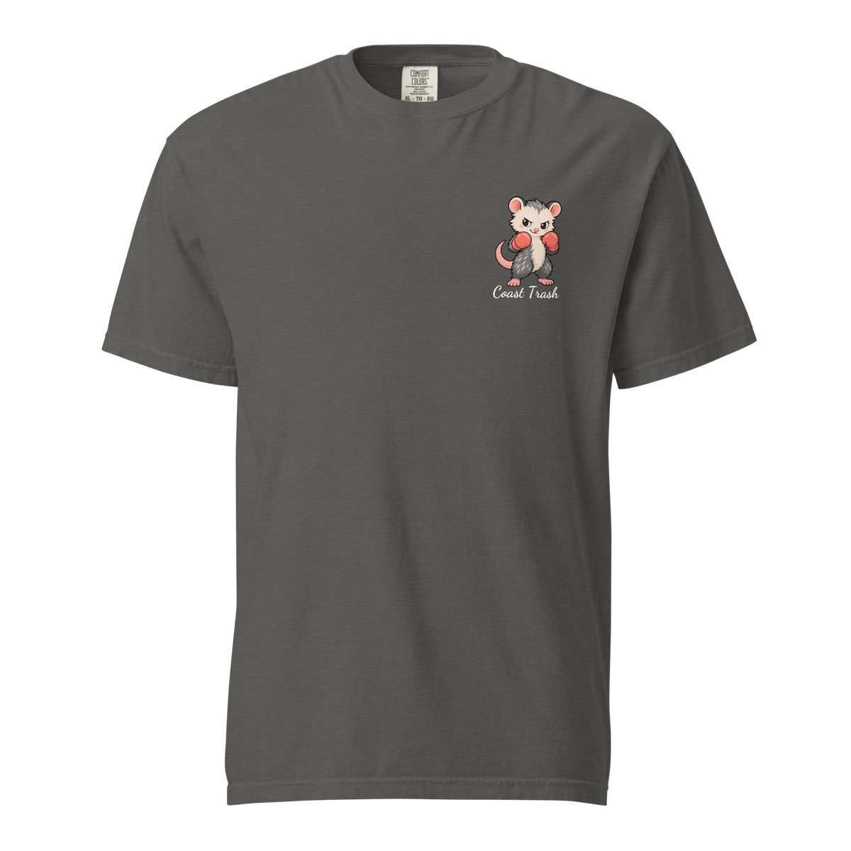 Tall Enough Tee, Pepper, front view with artwork at the wearer's left chest pocket position